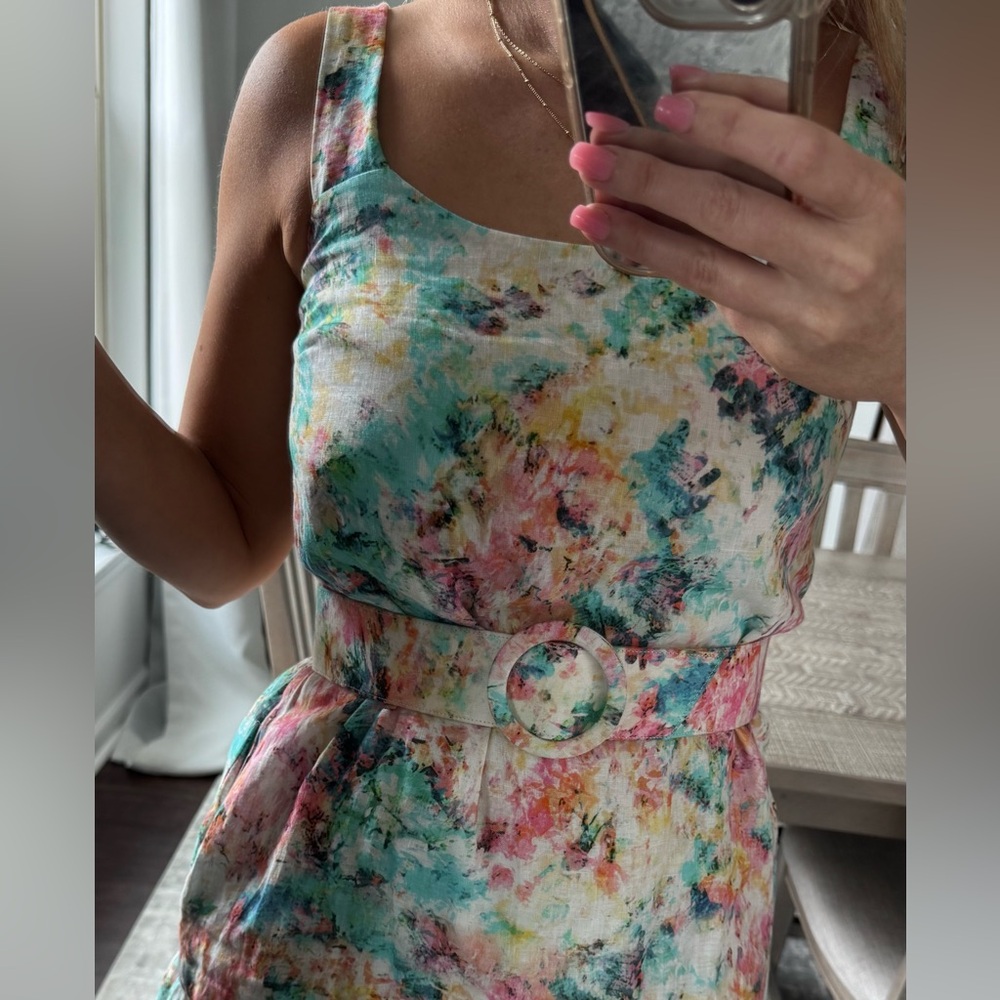 Pastel Floral Sleeveless Spring Summer Belted Dress - Picture 5 of 12